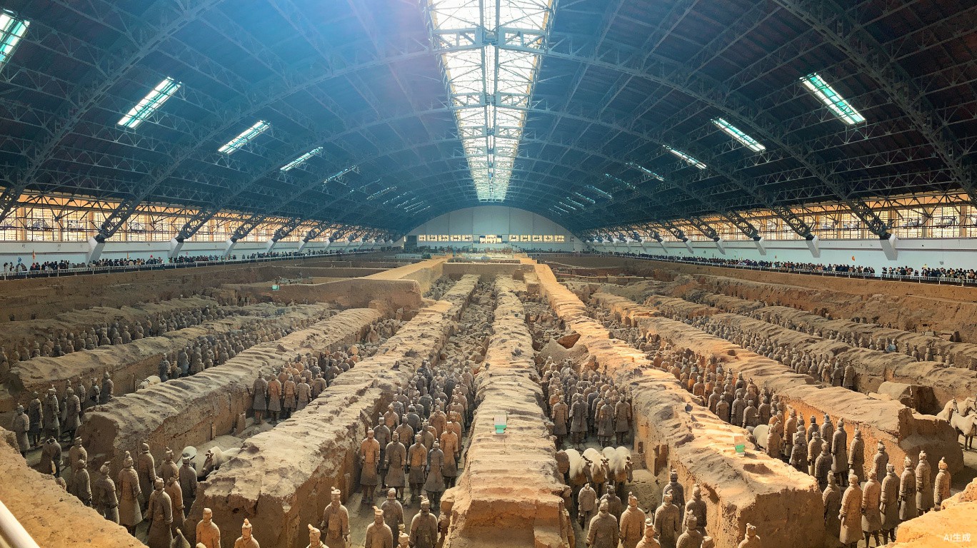 Panoramic view of the Terracotta Army with rows of warriors stretching into the distance