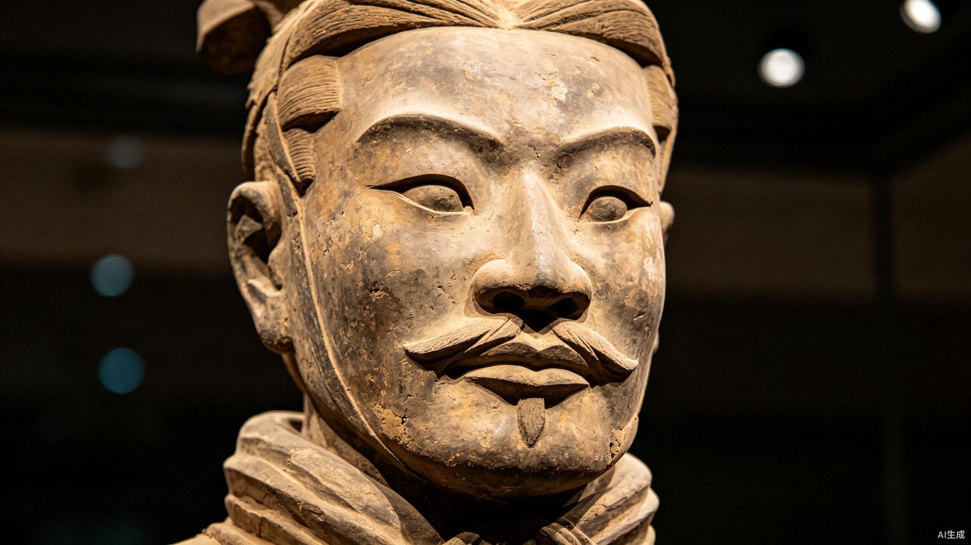 Close-up of a Terracotta Warrior face showing intricate facial features and details