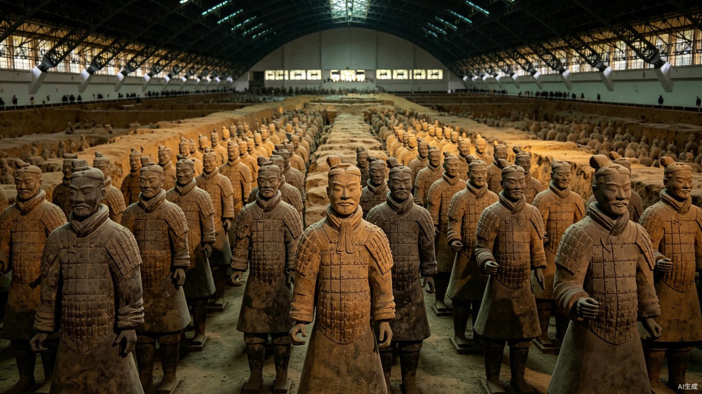 Rows of Terracotta Warriors lined up inside the underground excavation pit
