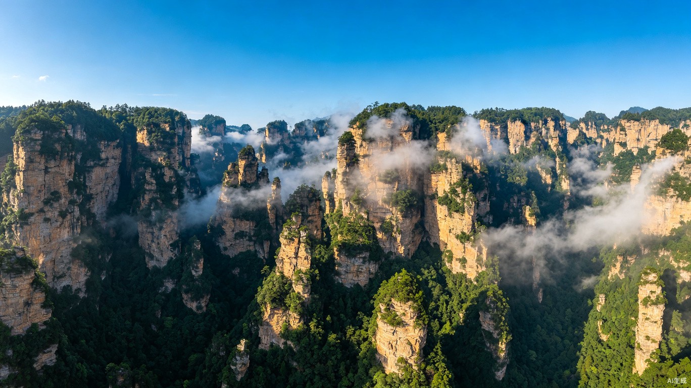 Zhangjiajie Avatar Mountains towering sandstone pillars seen from aerial view