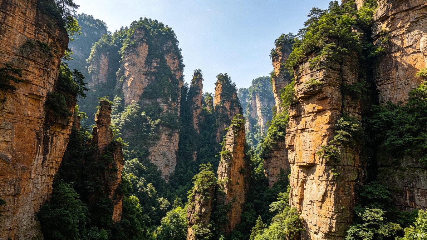 Close-up of Zhangjiajie sandstone pillar formations with green vegetation