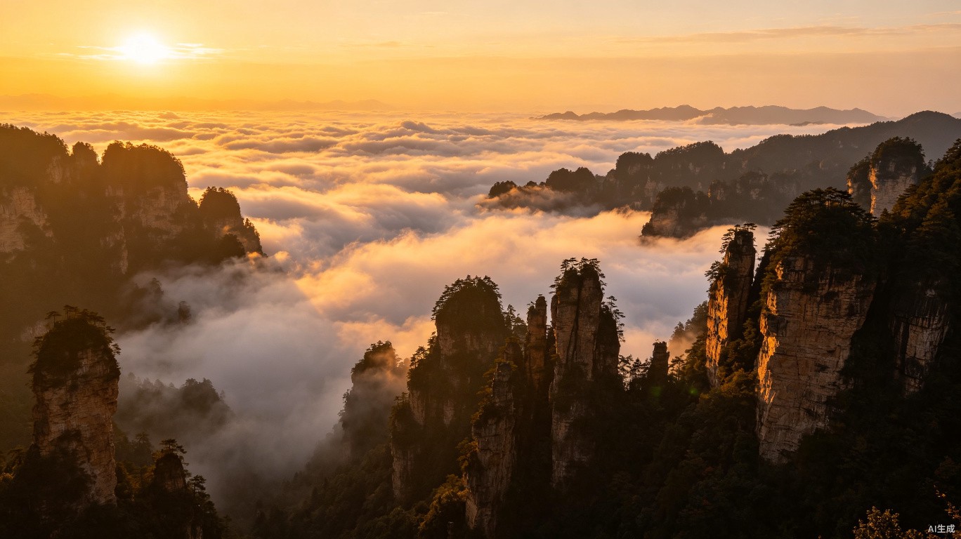Tianzi Mountain sunset with sea of clouds around Zhangjiajie sandstone pillars